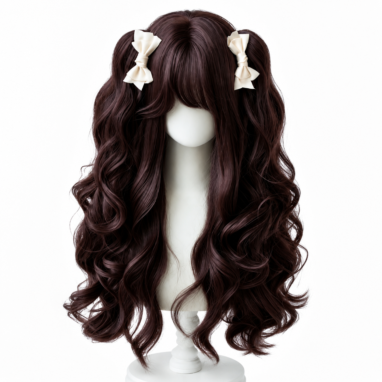 Milk Cheese Sweetheart Long Wavy Lolita Wig in Burgundy Brown, mannequin product view 01