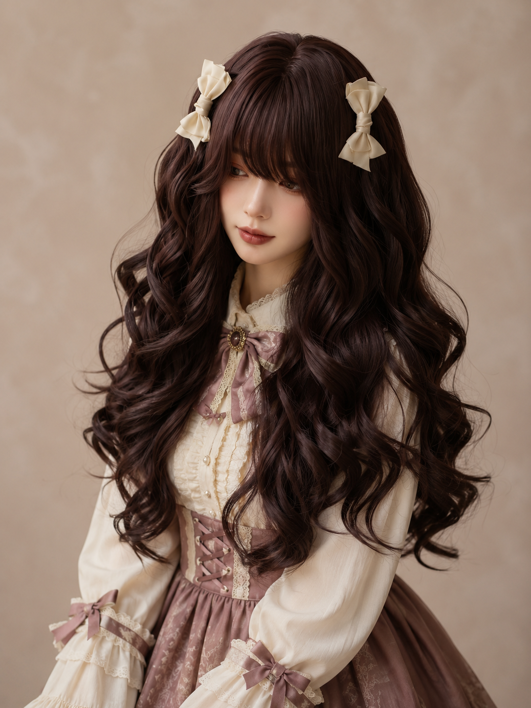Milk Cheese Sweetheart Long Wavy Lolita Wig in Burgundy Brown, styled model view 01