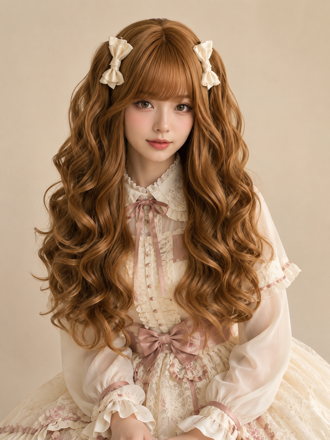 Milk Cheese Sweetheart Long Wavy Lolita Wig in Caramel Brown, styled model view 01