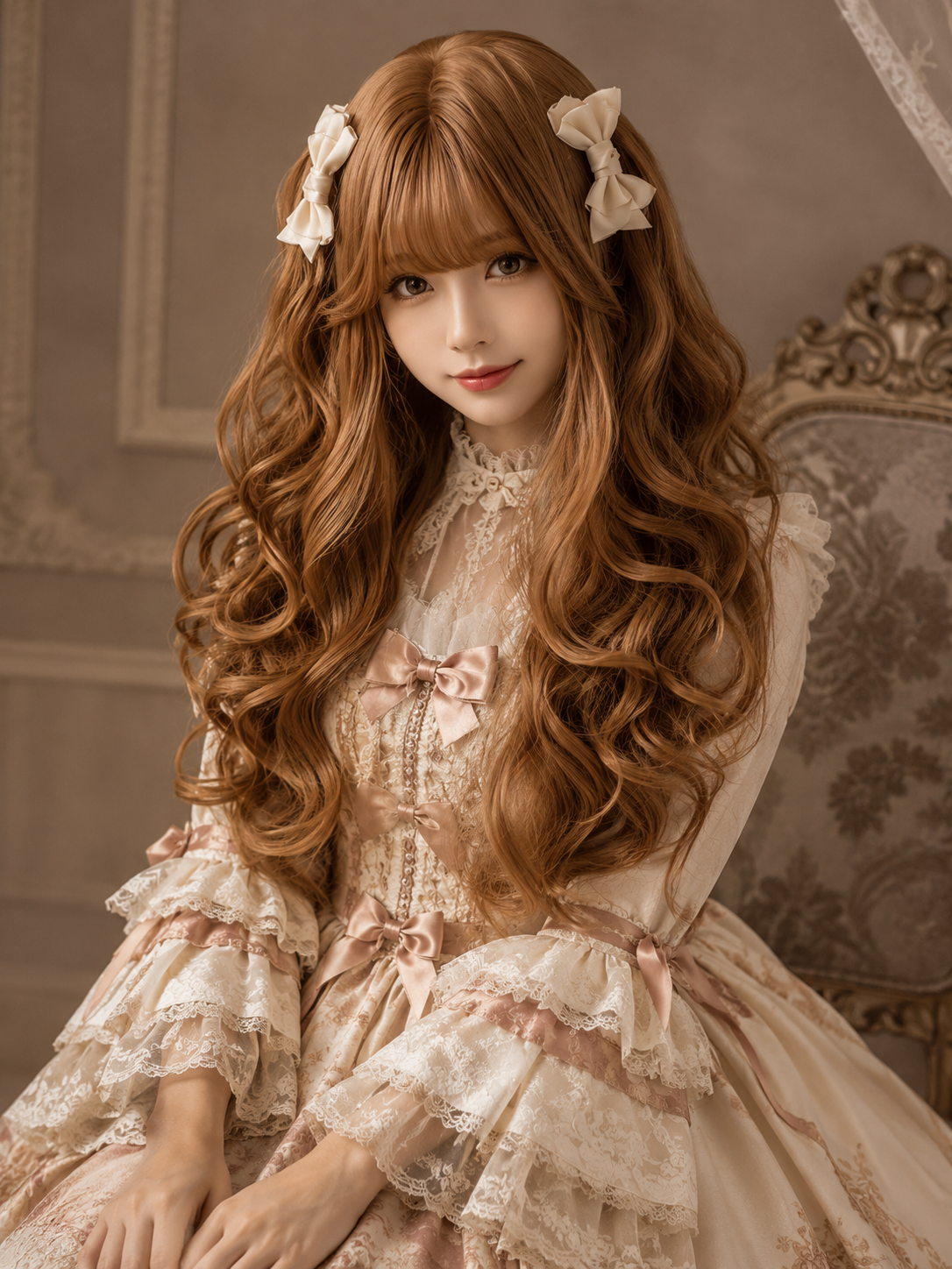 Milk Cheese Sweetheart Long Wavy Lolita Wig in Caramel Brown, styled model view 02