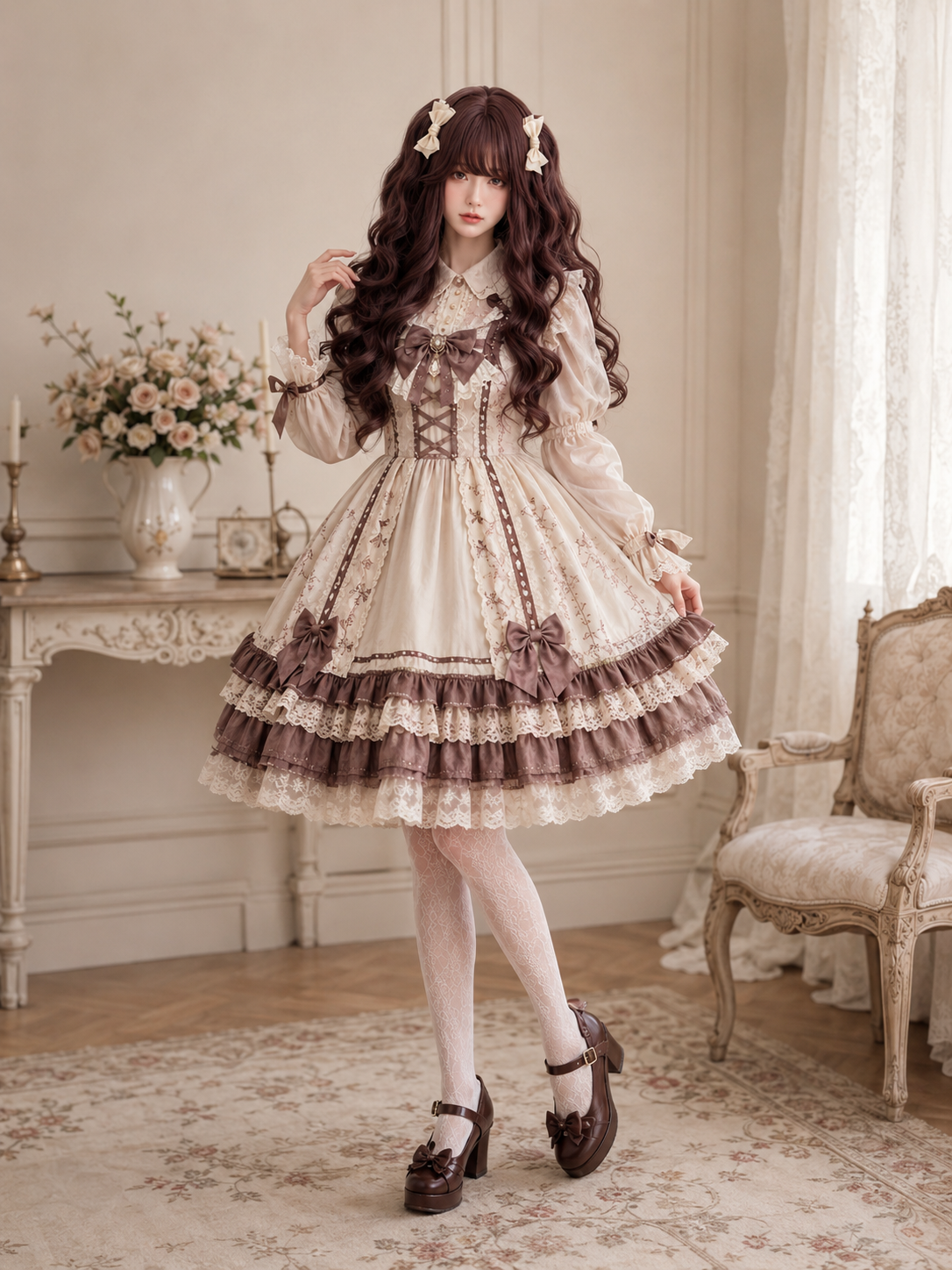 Milk Cheese Sweetheart Long Wavy Lolita Wig in Dark Chocolate Brown, main product styling view 01