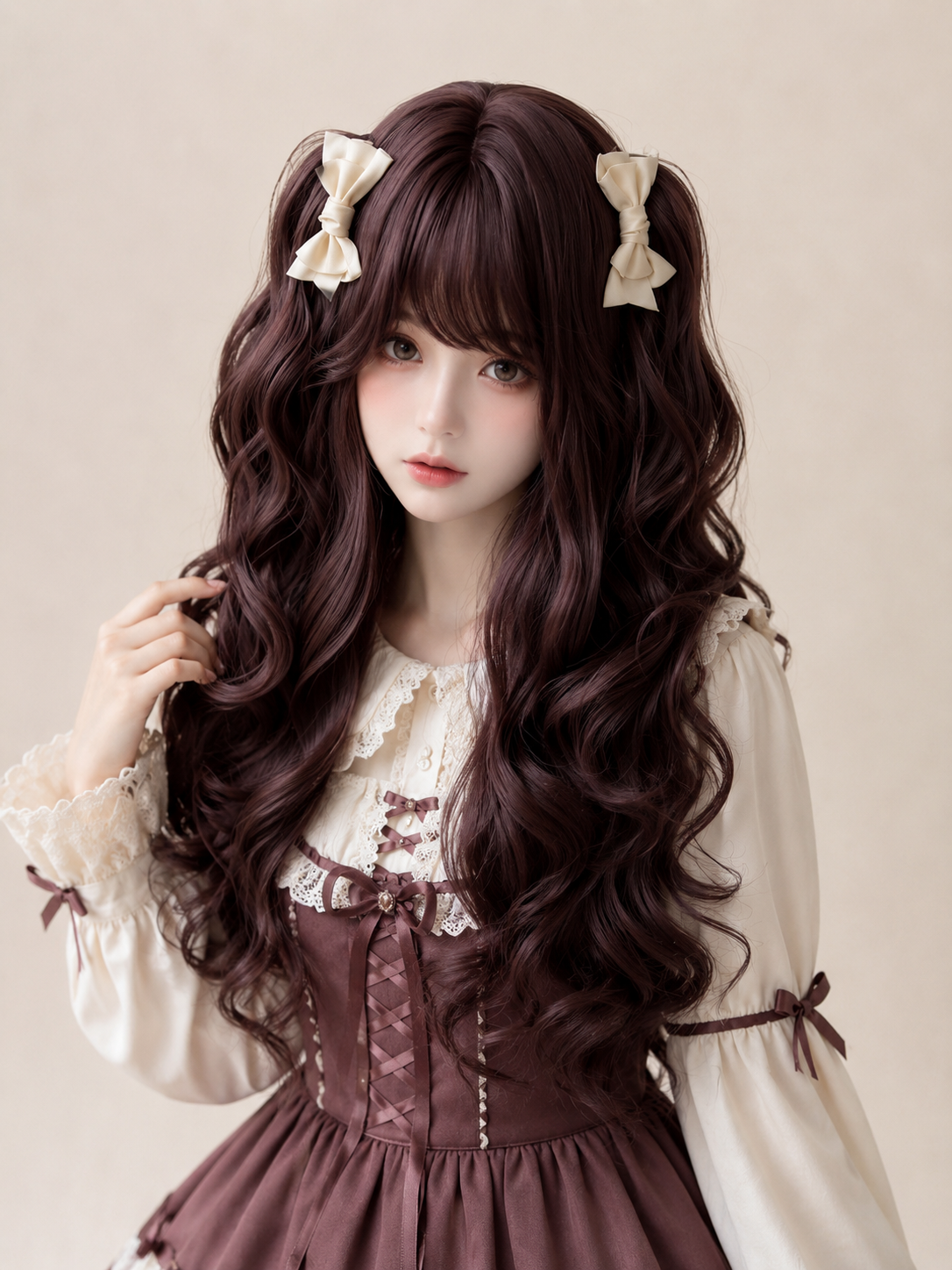 Milk Cheese Sweetheart Long Wavy Lolita Wig in Dark Chocolate Brown, styled model view 01