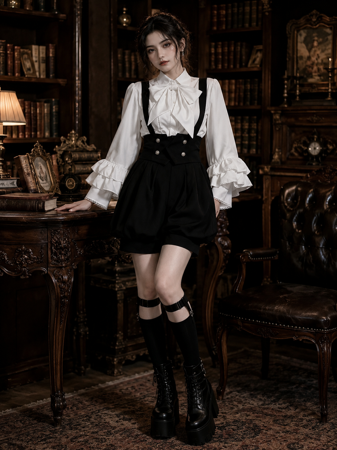 Noble Ouji Ruffled Shirt and Bloomer Shorts Set - Black and White Main Product Styling View 01 Noble Ouji Ruffled Shirt and Bloomer Shorts Set in Black and White, main product styling view 01