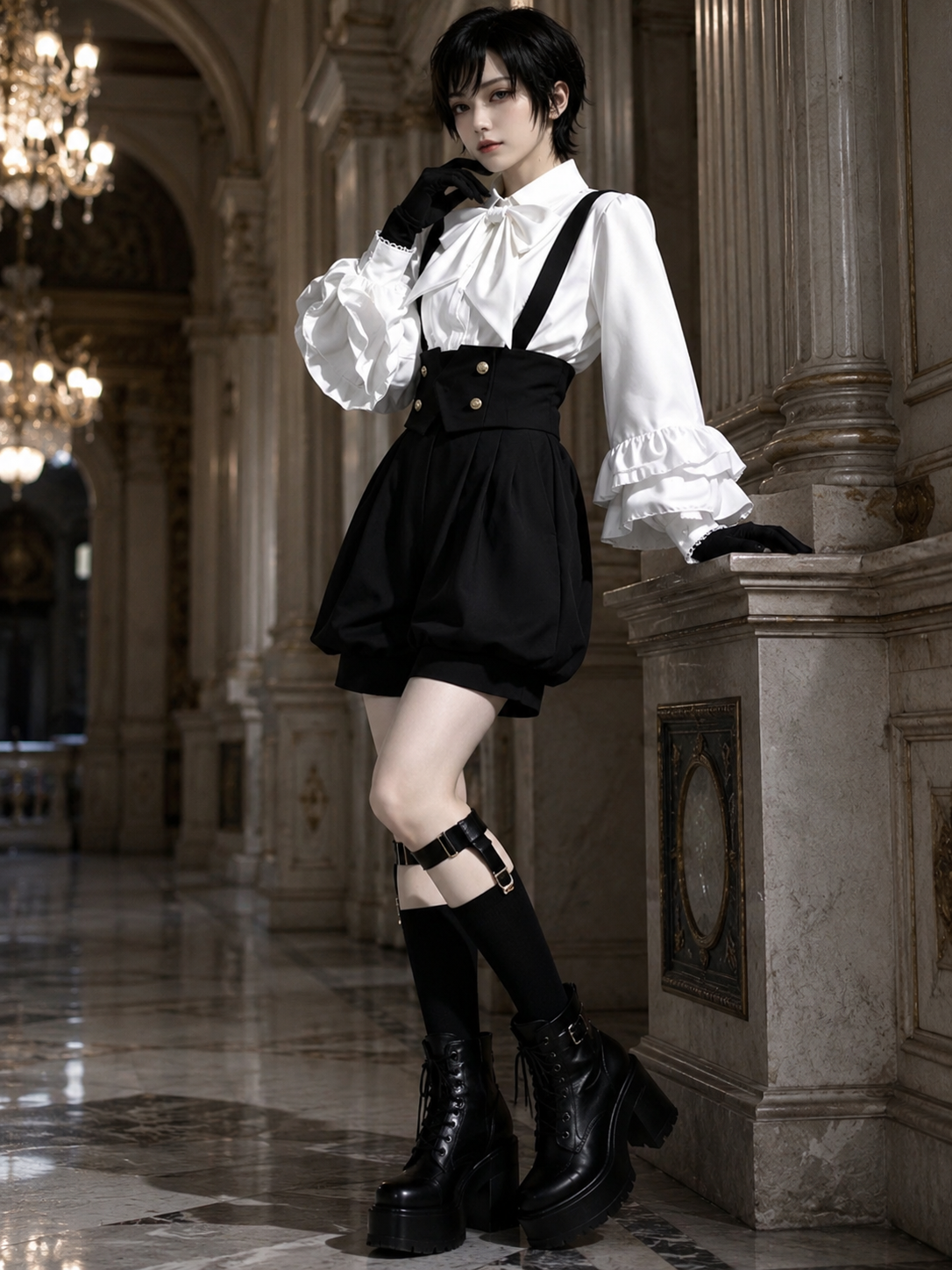 Noble Ouji Ruffled Shirt and Bloomer Shorts Set - Black and White Styled Model View 01 Noble Ouji Ruffled Shirt and Bloomer Shorts Set in Black and White, styled model view 01