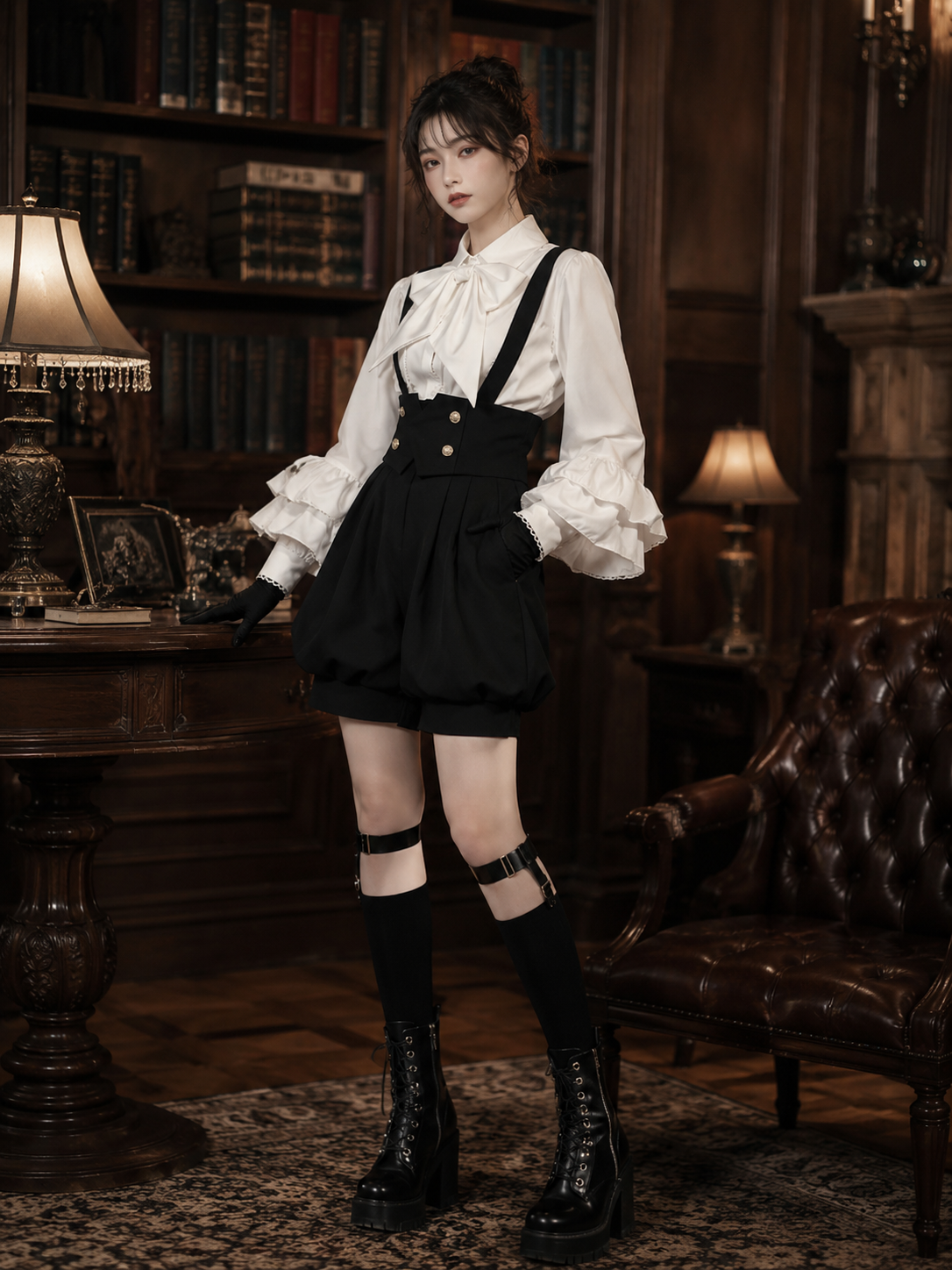 Noble Ouji Ruffled Shirt and Bloomer Shorts Set - Black and White Styled Model View 02 Noble Ouji Ruffled Shirt and Bloomer Shorts Set in Black and White, styled model view 02