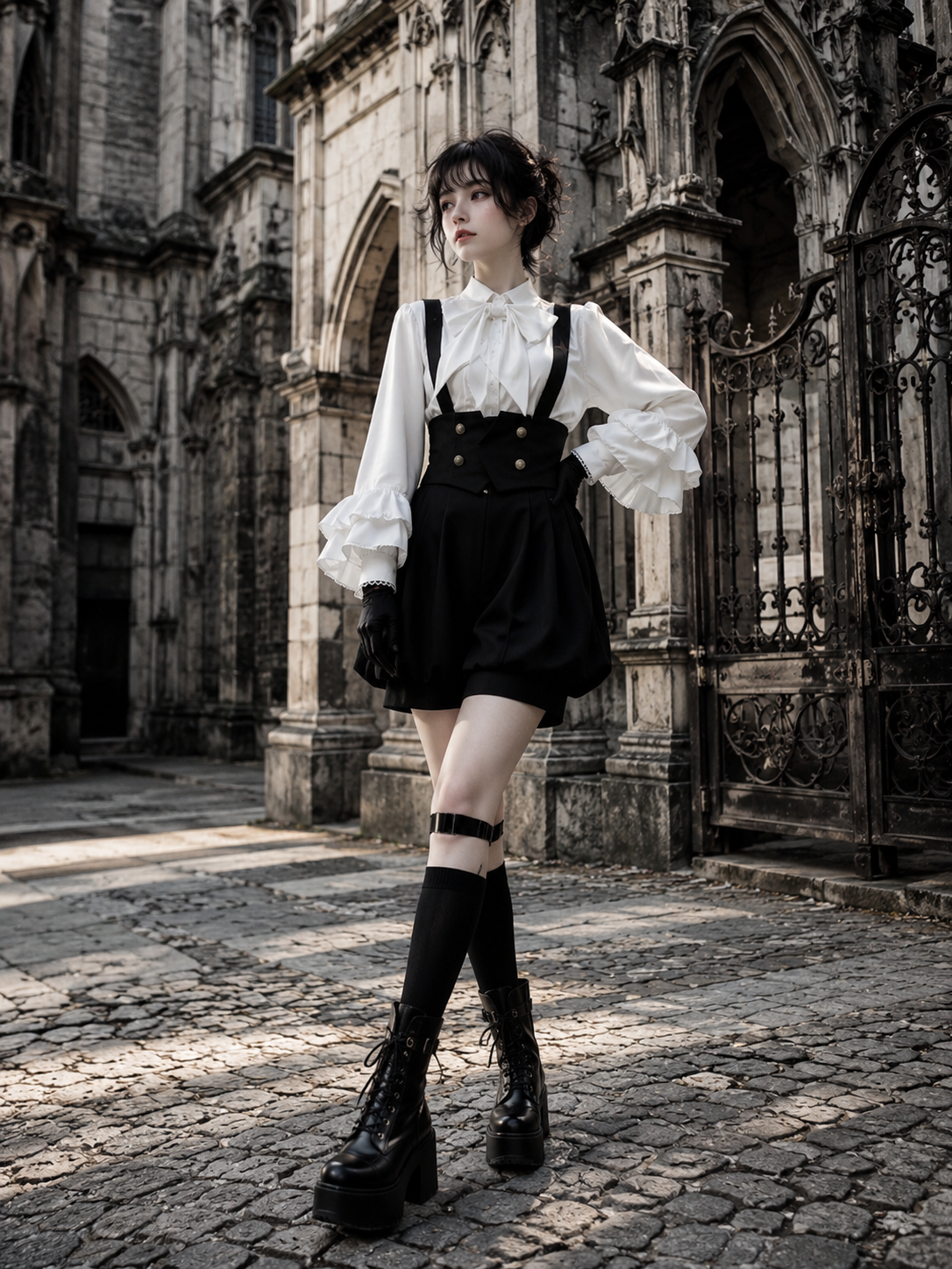 Noble Ouji Ruffled Shirt and Bloomer Shorts Set - Black and White Styled Model View 04 Noble Ouji Ruffled Shirt and Bloomer Shorts Set in Black and White, styled model view 04