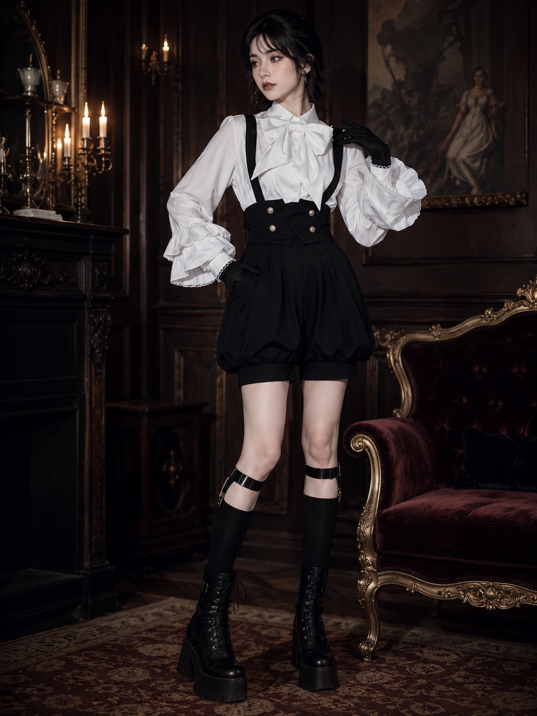 Noble Ouji Ruffled Shirt and Bloomer Shorts Set - Black and White Styled Model View 05 Noble Ouji Ruffled Shirt and Bloomer Shorts Set in Black and White, styled model view 05