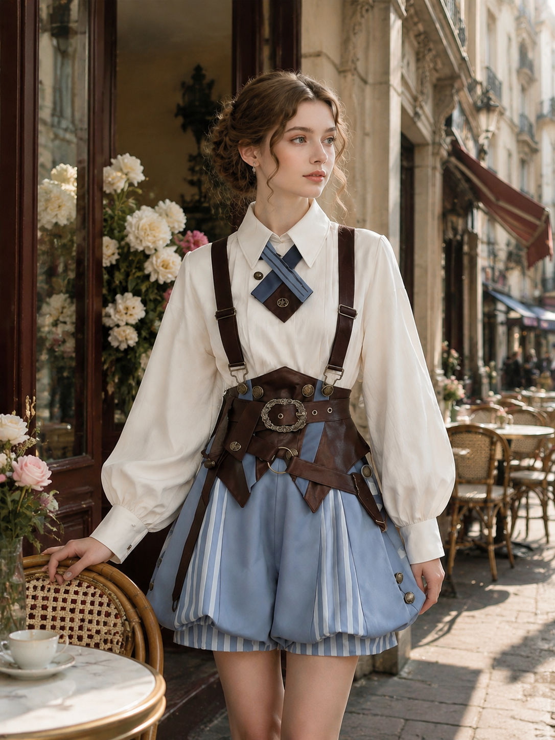 Prince's Secret Romance Academy Ouji Three-Piece Set - Ivory, Blue and Brown Styled Model View 01 Prince's Secret Romance Academy Ouji Three-Piece Set in Ivory, Blue and Brown, styled model view 01