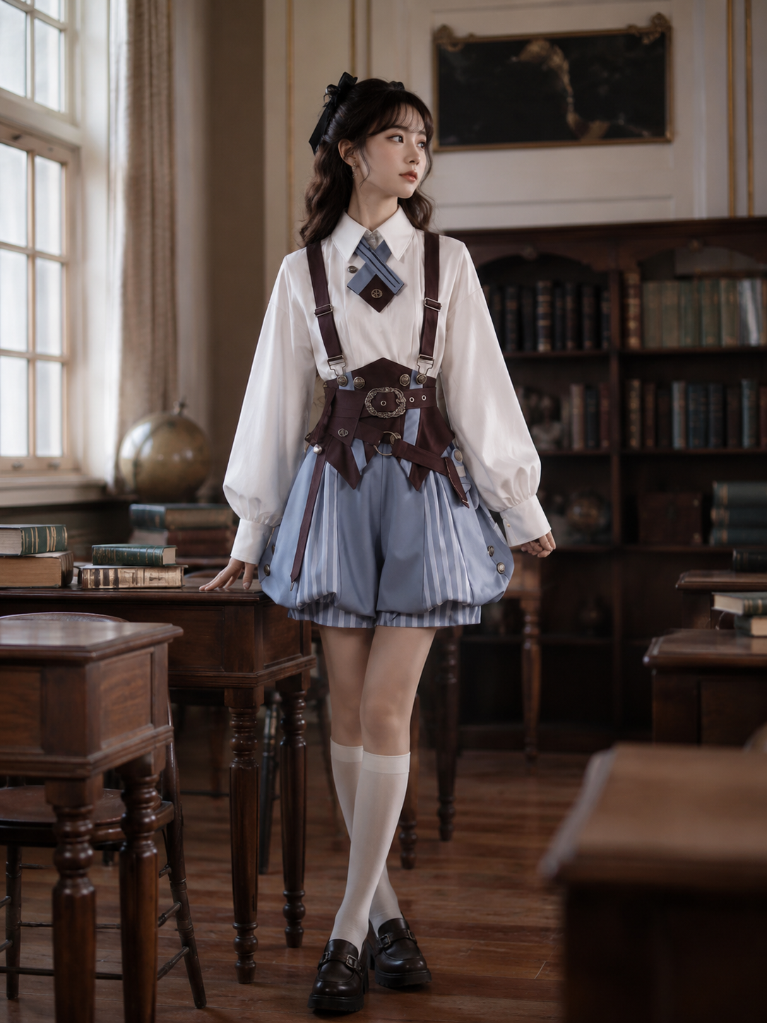 Prince's Secret Romance Academy Ouji Three-Piece Set - Ivory, Blue and Brown Styled Model View 04 Prince's Secret Romance Academy Ouji Three-Piece Set in Ivory, Blue and Brown, styled model view 04