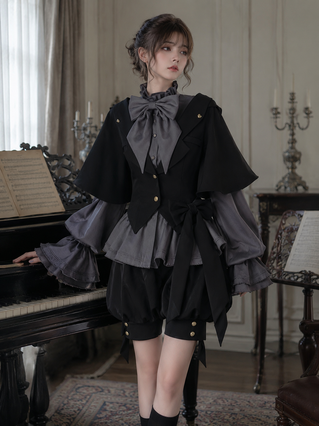 Rabbit-Ear Hooded Ouji Three-Piece Set - Black and Gray Main Product Styling View 01 Rabbit-Ear Hooded Ouji Three-Piece Set in Black and Gray, main product styling view 01