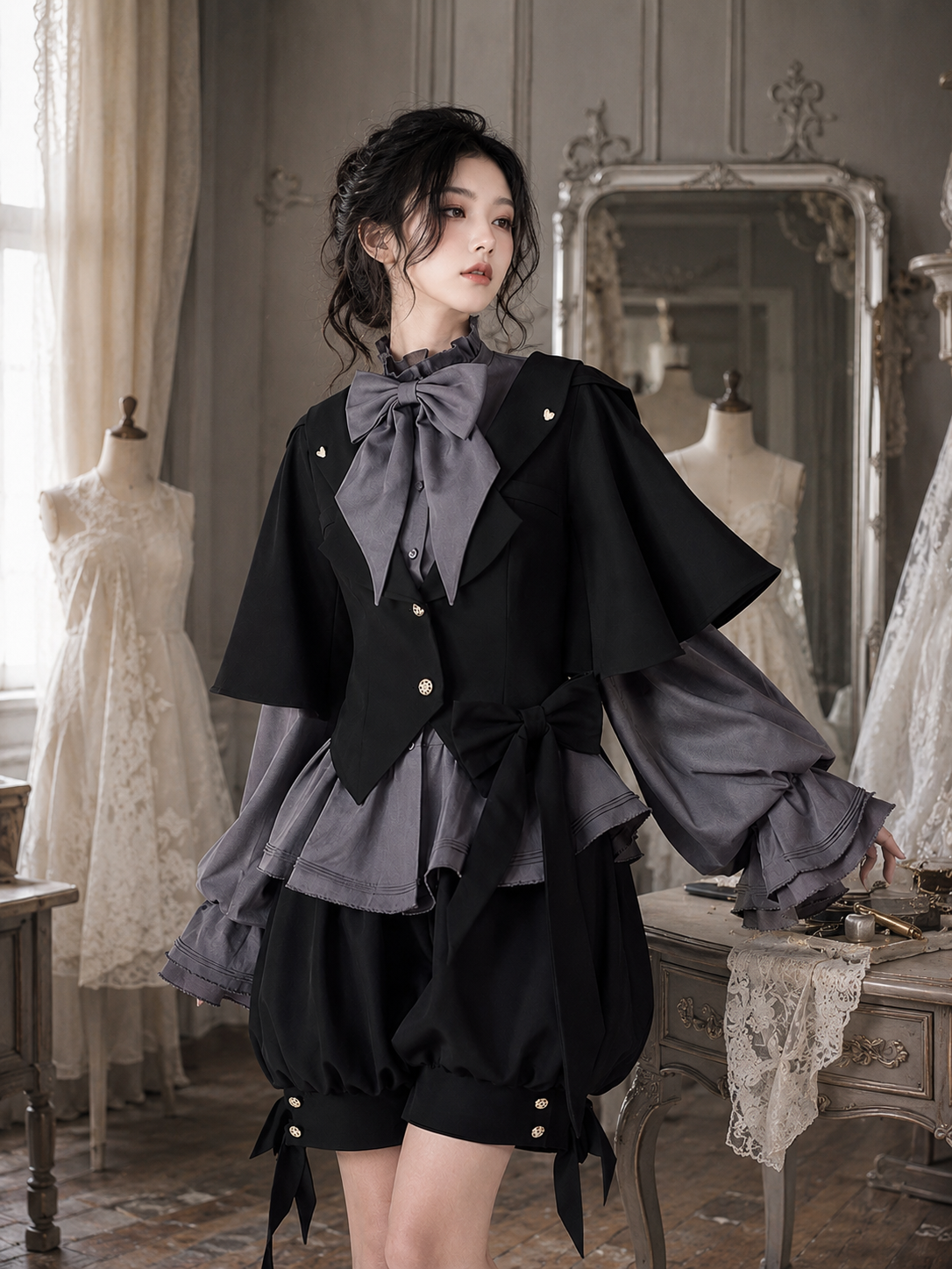Rabbit-Ear Hooded Ouji Three-Piece Set - Black and Gray Styled Model View 02 Rabbit-Ear Hooded Ouji Three-Piece Set in Black and Gray, styled model view 02