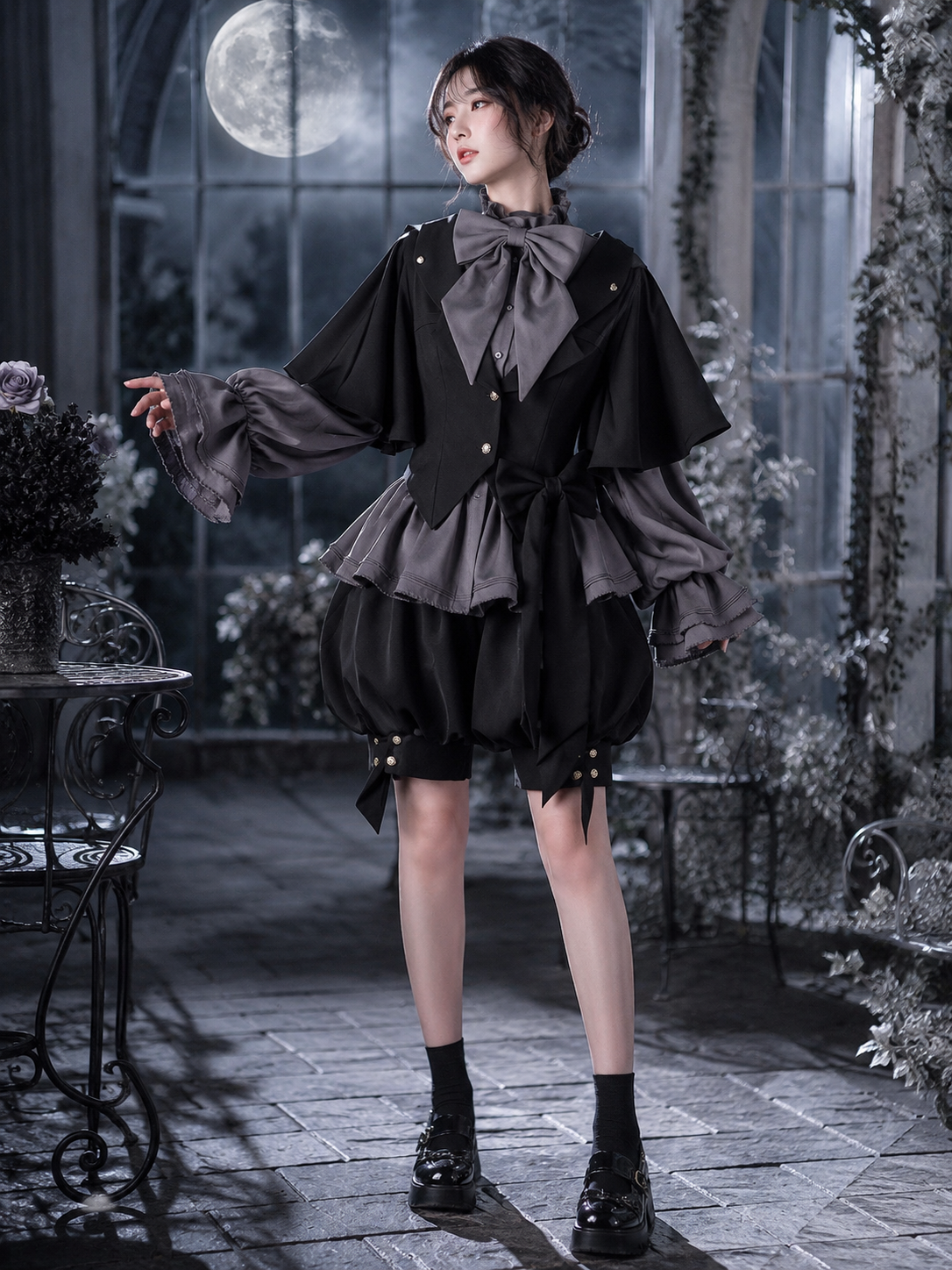 Rabbit-Ear Hooded Ouji Three-Piece Set - Black and Gray Styled Model View 03 Rabbit-Ear Hooded Ouji Three-Piece Set in Black and Gray, styled model view 03