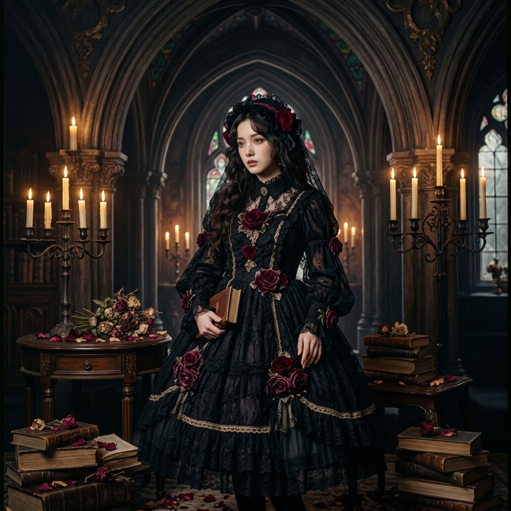 Lookbook Gothic Lolita mùa xuân 2026 - hoa tối màu và ren | Aurora Lolita