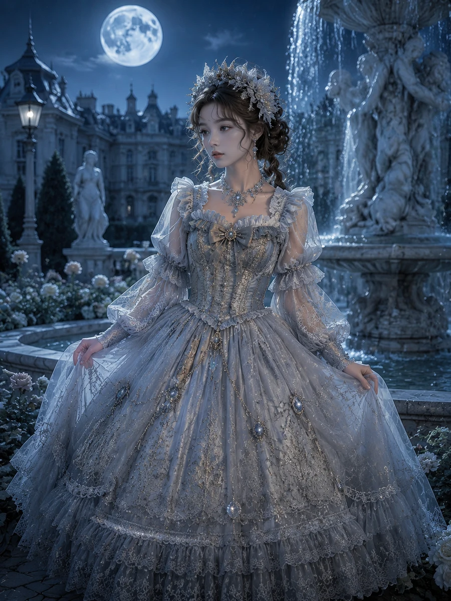 Hime Lolita princess dress with moonlit blue lace and royal elegance